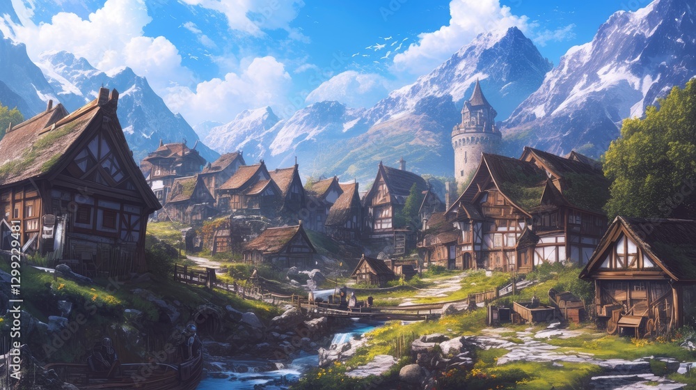 Obraz premium Medieval fantasy village with timber-framed houses, a watchtower, and a flowing stream set in a mountain valley. Ideal for storytelling, world-building, and adventure concepts