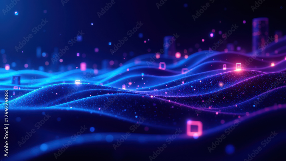 Fototapeta premium Futuristic digital landscape with abstract waves of light representing cloud computing and virtual environments.