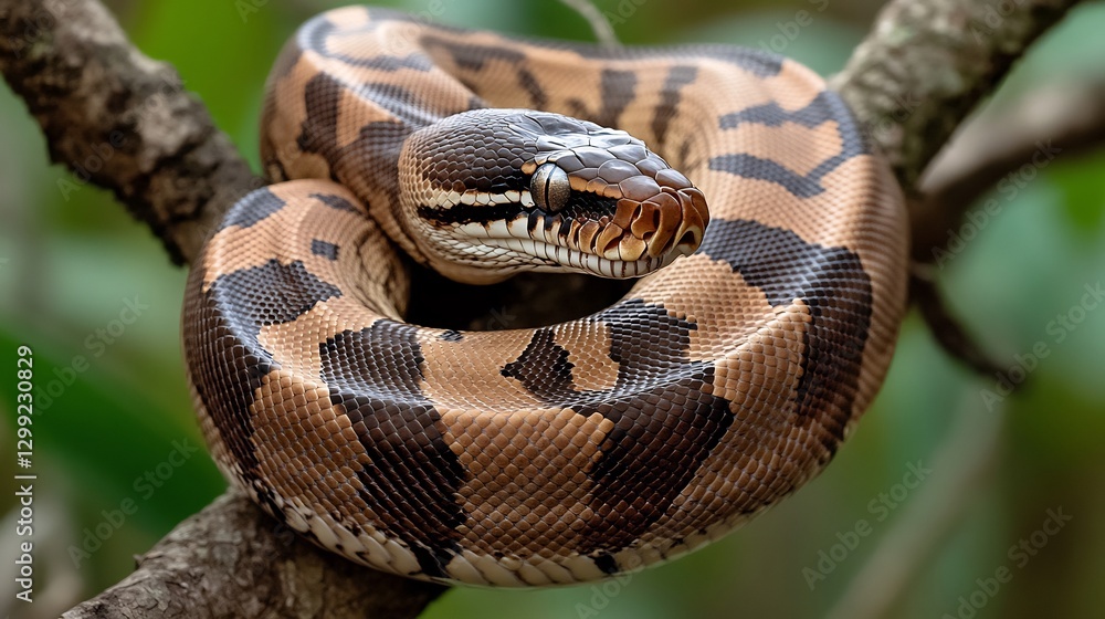Obraz premium Massive Boa Constrictor wrapped around a tree branch its thick body covered in mesmerizing brown and tan patterns head poised to strike