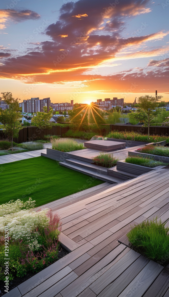 Fototapeta premium Urban neighbourhood at sunset, urban house, wide shots of home gardens, lawns, yards, decks and spaces for outdoor entertaining