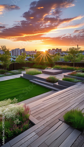 Urban neighbourhood at sunset  urban house  wide shots of home gardens  lawns  yards  decks and spaces for outdoor entertaining