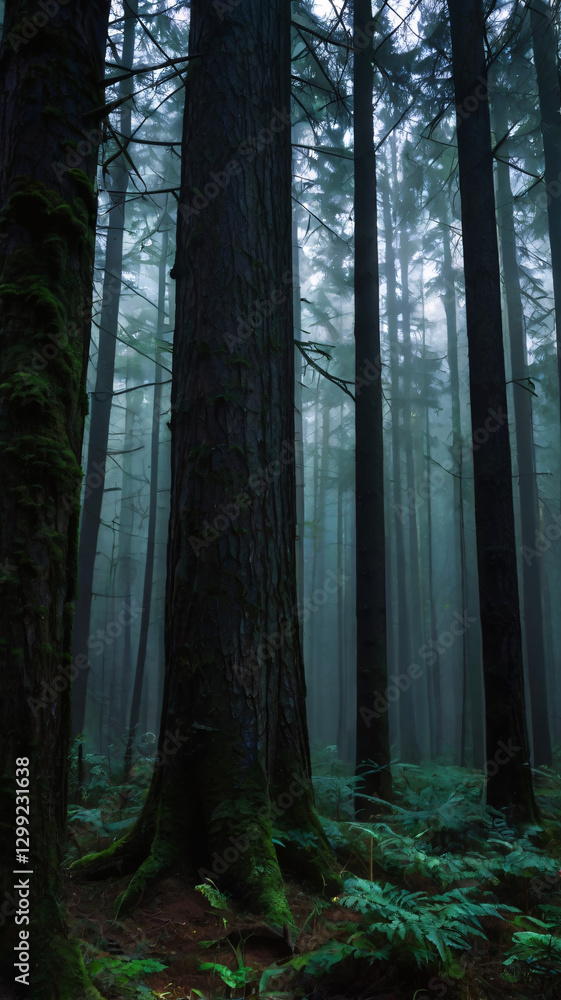 Fototapeta premium This image depicts a mist shrouded forest with tall, dark tree trunks covered in moss.