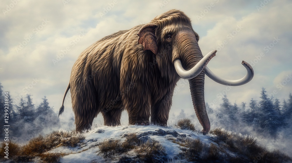 Obraz premium Majestic Woolly Mammoth standing atop an icy tundra hill its thick fur rippling in the wind towering tusks gleaming under the frozen sun