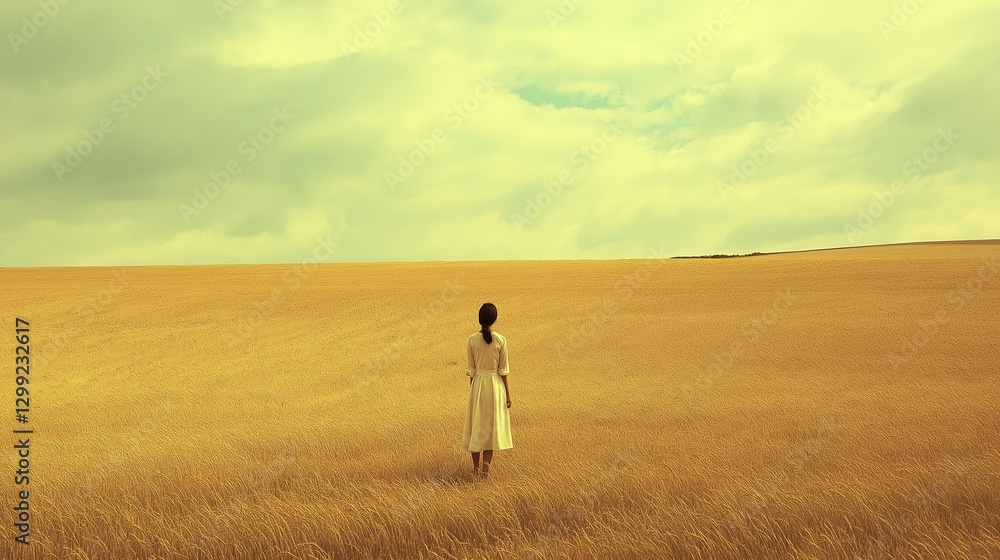 A woman standing alone in a golden wheat field, wearing a simple pastel dress. A woman standing alone in a golden wheat field, wearing a simple pastel dress.