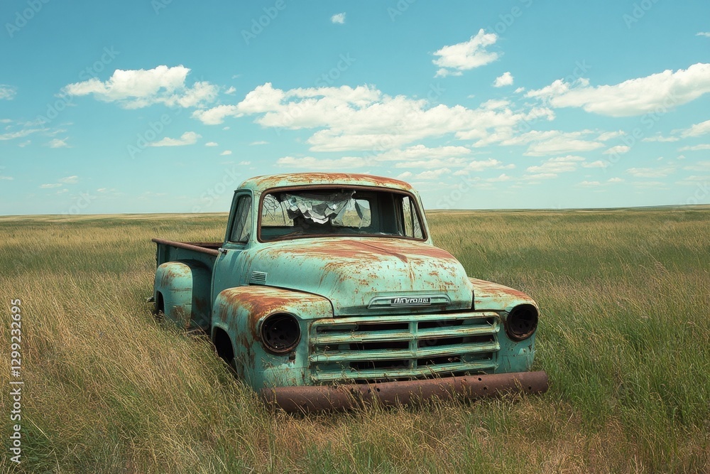 An old rusty turquoise pickup truck sits abandoned in a field