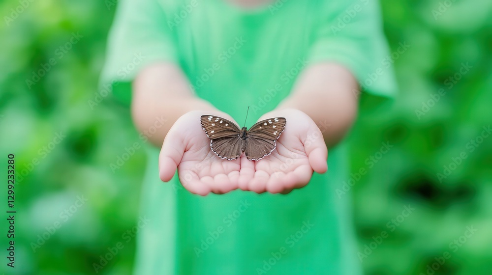Fototapeta premium Close-up of a child hands holding a butterfly, gentle interaction, natural green background, soft light,