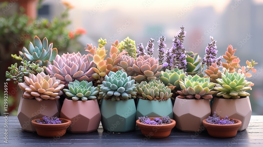 Colorful succulent arrangement in geometric pots with lavender on urban balcony Colorful succulent arrangement in geometric pots with lavender on urban balcony
