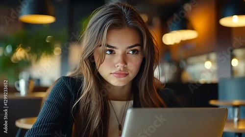Young woman focused on laptop in a cozy caf? with warm lighting and blurred background activity