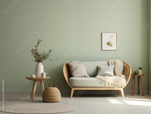 Spring minimalist japandi inspired modern living room interior with sage walls, light color couch, minimalist decor in sage color