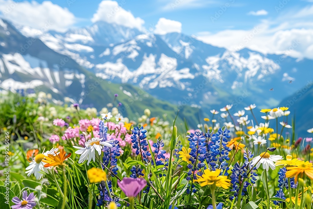 Obraz premium Mountain meadow with wildflowers on a background of snow-capped mountains