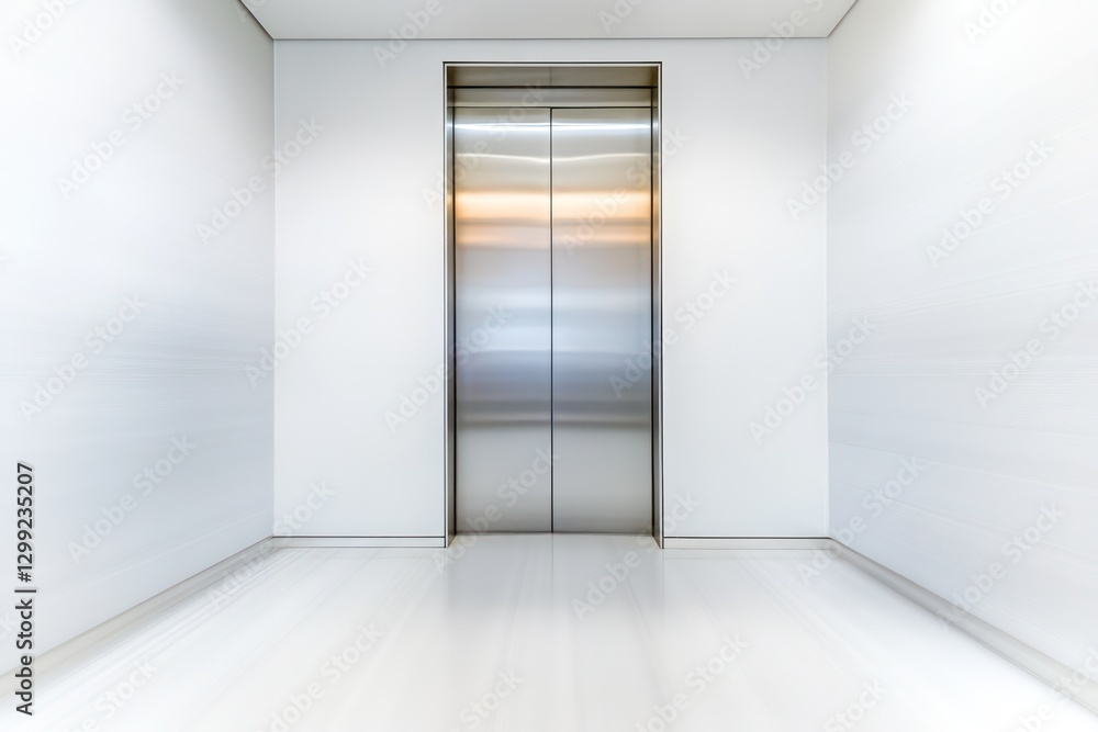 Modern elevator lobby, stainless steel doors, white walls, empty space, corporate building interior Modern elevator lobby, stainless steel doors, white walls, empty space, corporate building interior