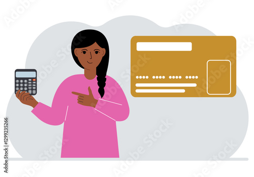 A woman holds a calculator in his hand. Nearby is a large plastic card. Vector flat illustration