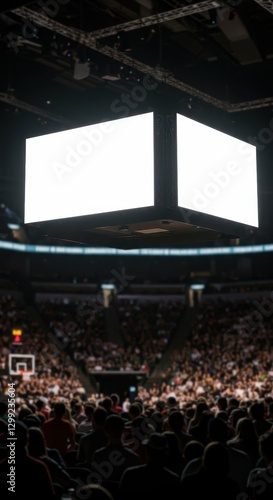 Blank LED Screen Hanging Above a Large Crowd in an Indoor Arena