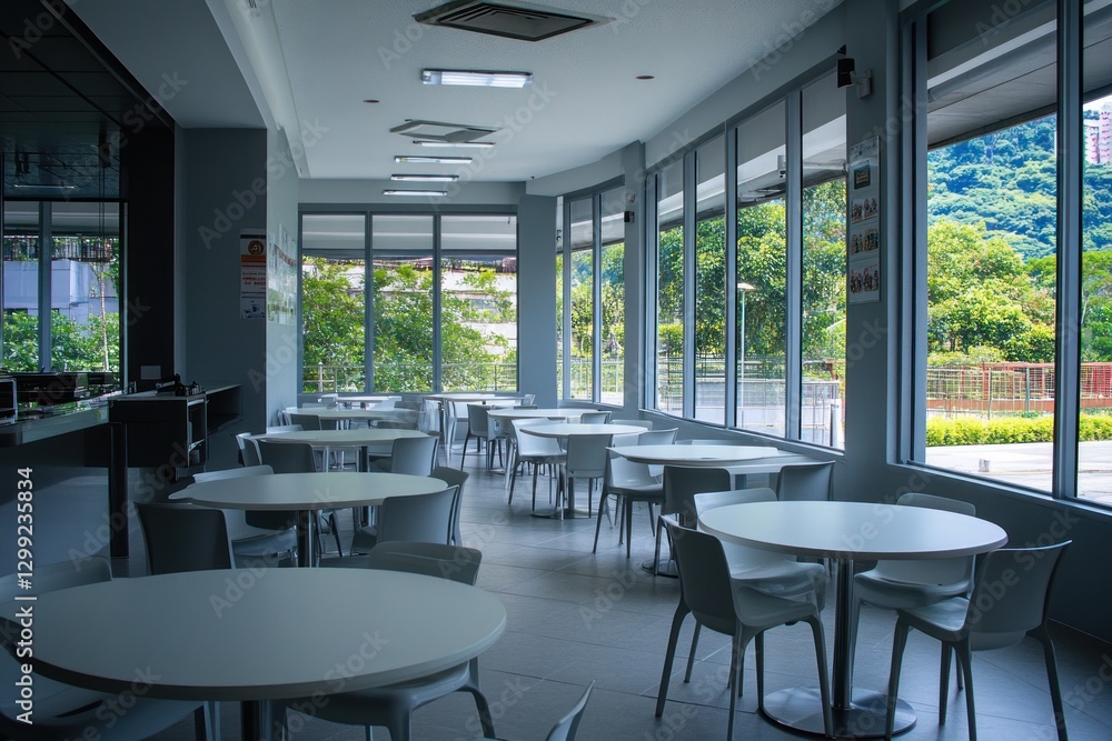 Fototapeta premium Empty modern indoor cafe with panoramic windows
