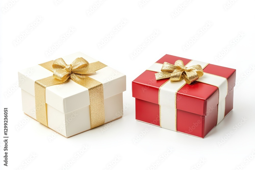 Obraz premium Two white and red gift box with gold ribbon isolated on white background