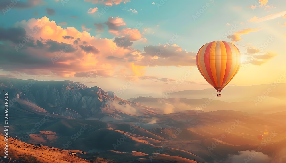 Fototapeta premium Hot air balloons flying over the mountains at sunset. 3d rendering