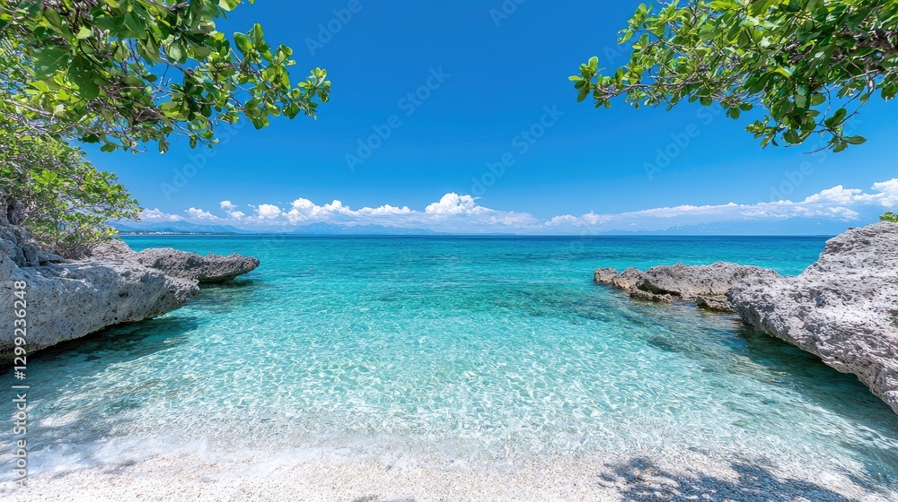 Fototapeta premium Tropical beach cove, turquoise water, sunny sky, vacation background