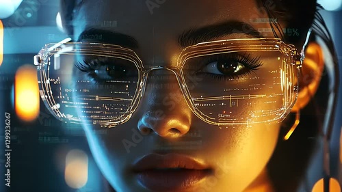 Young woman wearing futuristic glasses with digital interface, illuminated city background, tech vibe