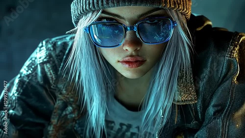 Young woman with blue hair and sunglasses, wearing a leather jacket, in a dimly lit urban setting