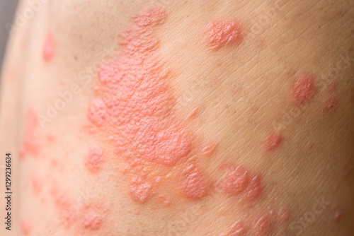 Close-up of red skin rash with blisters - A detailed close-up of an inflamed red skin rash with blisters, possibly caused by shingles, herpes, or an allergic reaction.  