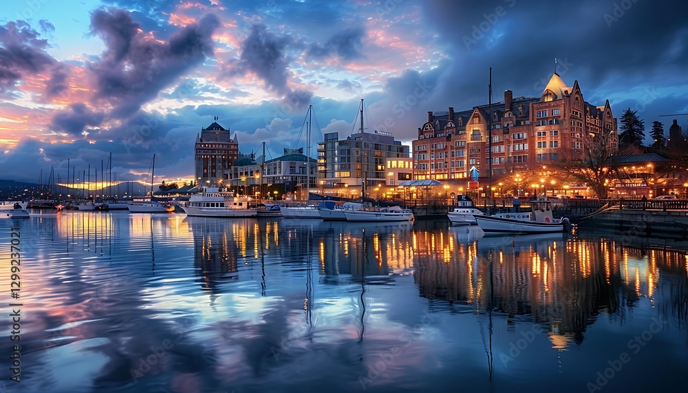 Naklejka premium Skyscrapers reflected in the lake at sunset. 3d rendering