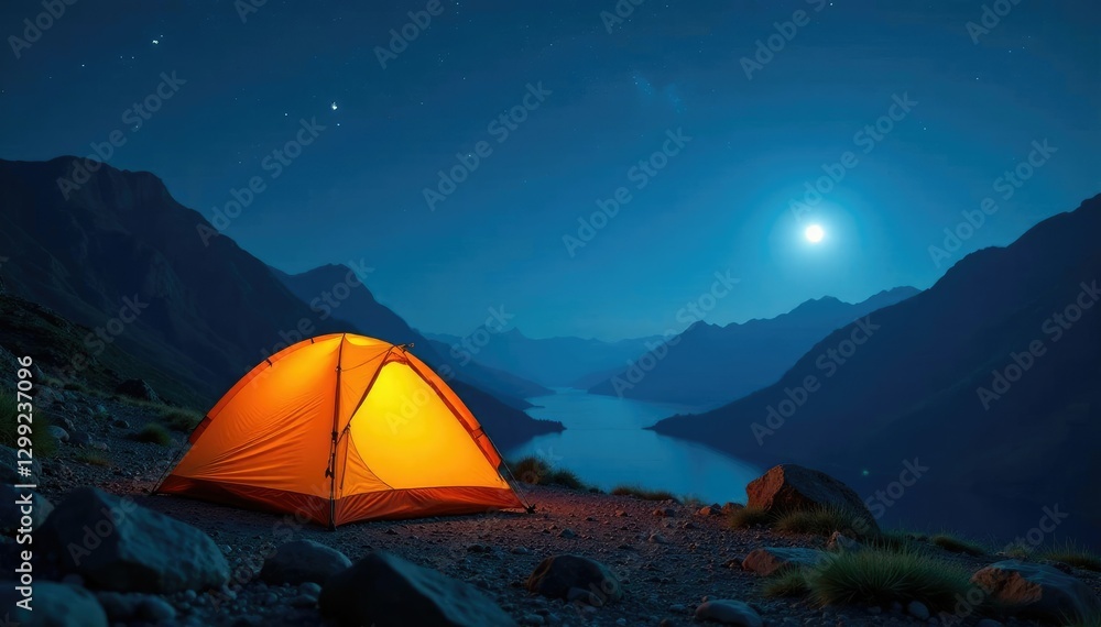 Lit up tent with stars and moon shining bright in mountains at night, moon, mist Lit up tent with stars and moon shining bright in mountains at night, moon, mist