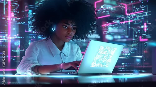 Young woman with curly hair working on a laptop in a futuristic digital environment with neon lights
