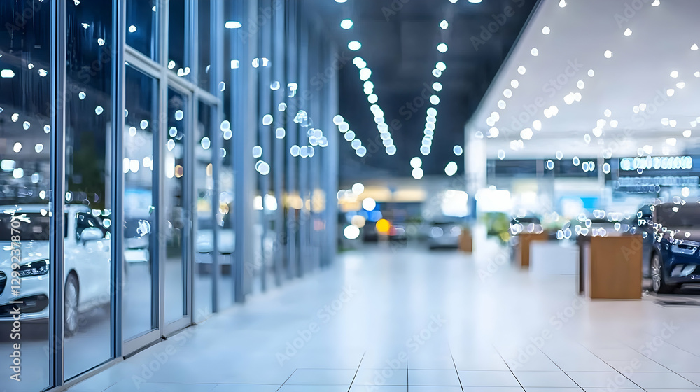 Fototapeta premium Blurred Interior View Of Car Showroom With Bright Lights And Glass Walls