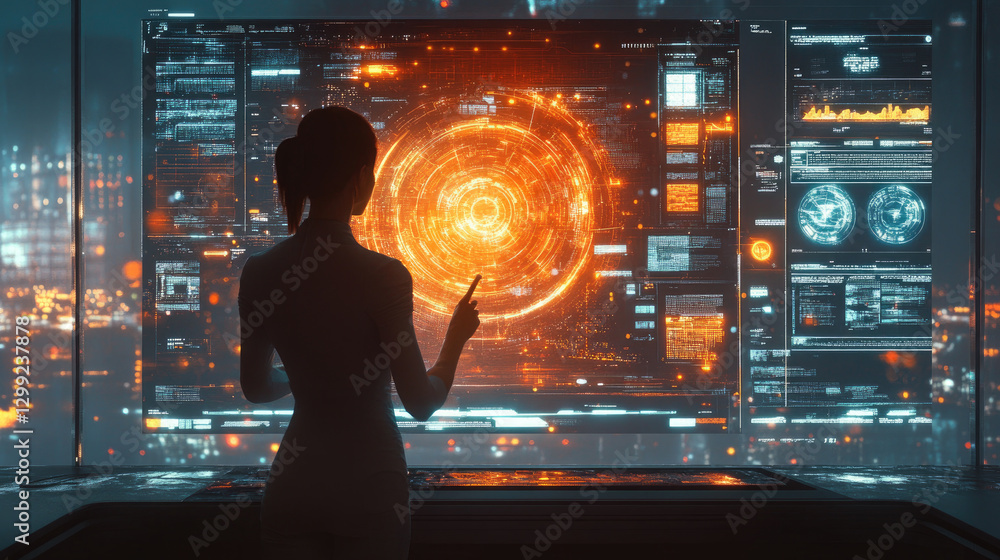 Obraz premium Businesswoman interacting with holographic screens displaying futuristic AI applications in a sleek, modern office setting
