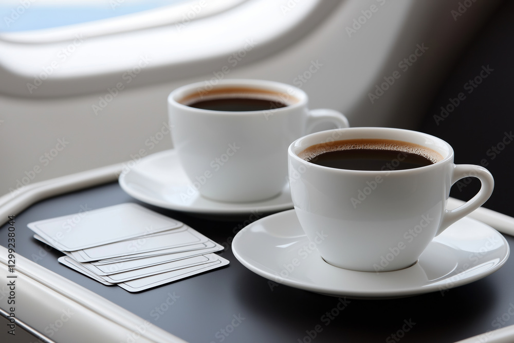 Enjoying coffee in a cozy airplane cabin during a relaxing journey Enjoying coffee in a cozy airplane cabin during a relaxing journey