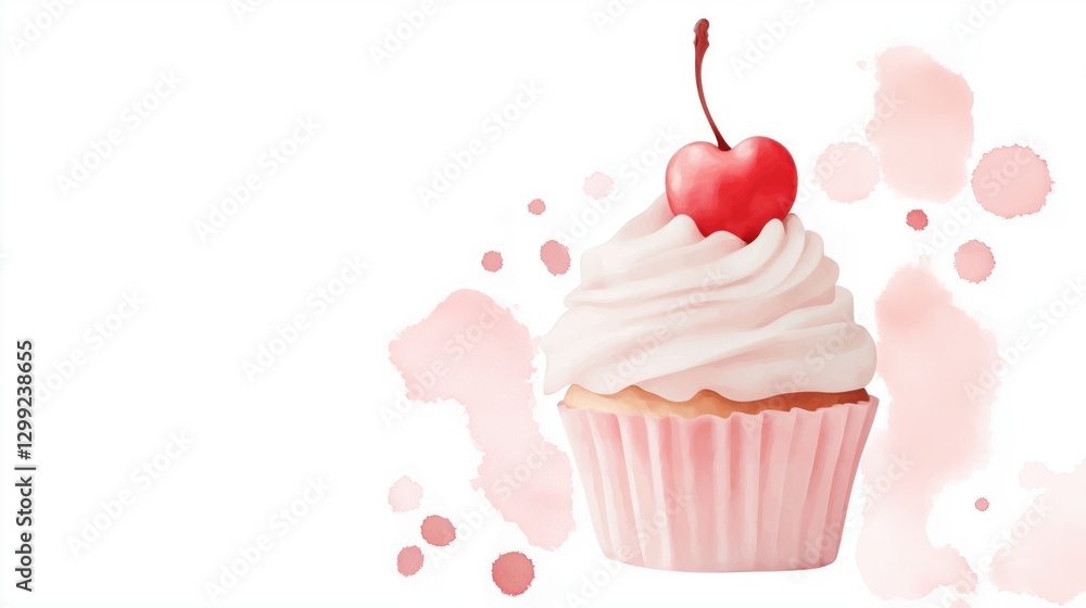Cherry-topped cupcake delight with whipped cream and pink splash background Cherry-topped cupcake delight with whipped cream and pink splash background