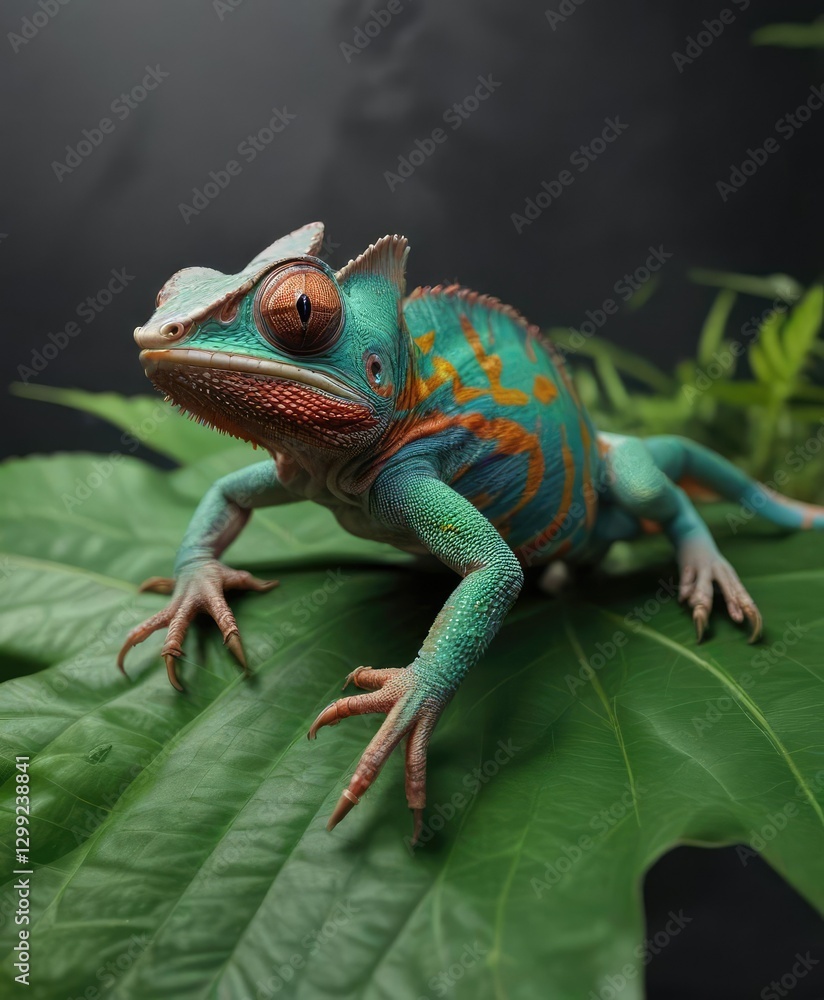 Fototapeta premium Veiled chameleon on a large leaf with claws extended and head retracted, green, extend, species