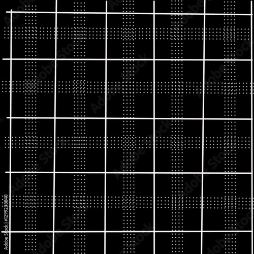 image features a geometric grid pattern on a black background. White solid lines form a square grid, while small white dotted lines create an additional cross-like texture at the intersectio