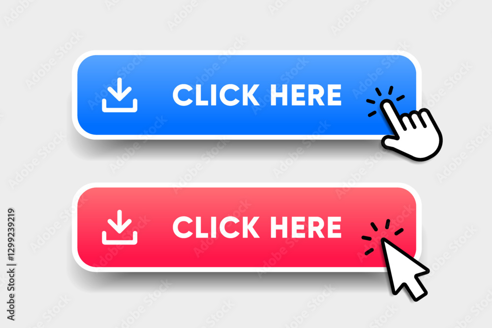 Click here web buttons with hand cursor. Set of action button with arrow pointer. Click button. Modern action button mouse click symbol. Computer mouse click cursor or Hand pointer symbol. Click here web buttons with hand cursor. Set of action button with arrow pointer. Click button. Modern action button mouse click symbol. Computer mouse click cursor or Hand pointer symbol.