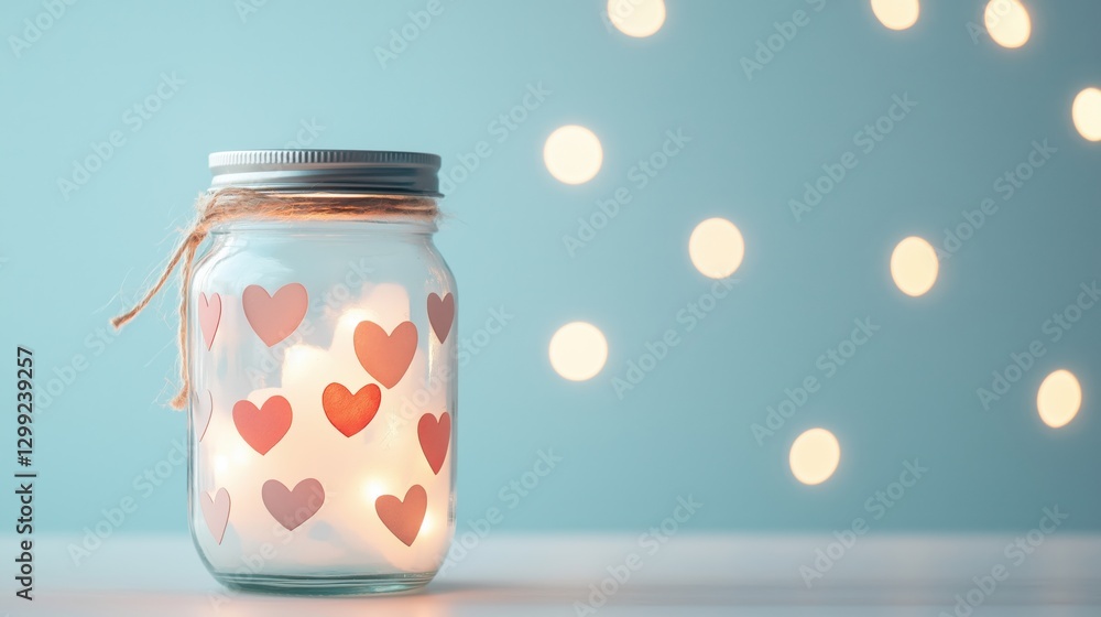 Romantic heart jar with soft glowing lights against blue background Romantic heart jar with soft glowing lights against blue background