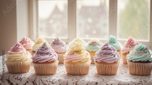 A delectable assortment of cupcakes with pastel-colored frosting and sprinkles arranged on a lace tablecloth by a window, creating a charming and inviting scene