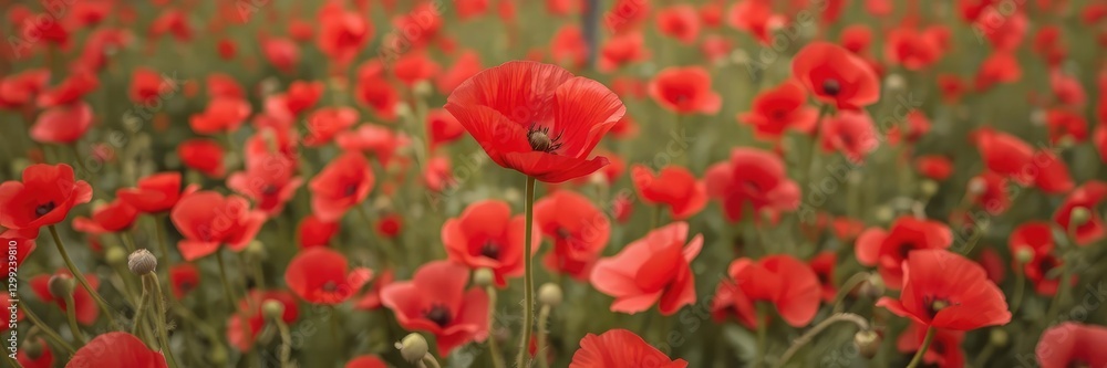 Vibrant red poppy flower standing out in a field of red poppies, wildflowers, landscape, flowers
