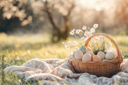 Serene Easter morning with a basket of painted eggs on a cozy picnic blanket