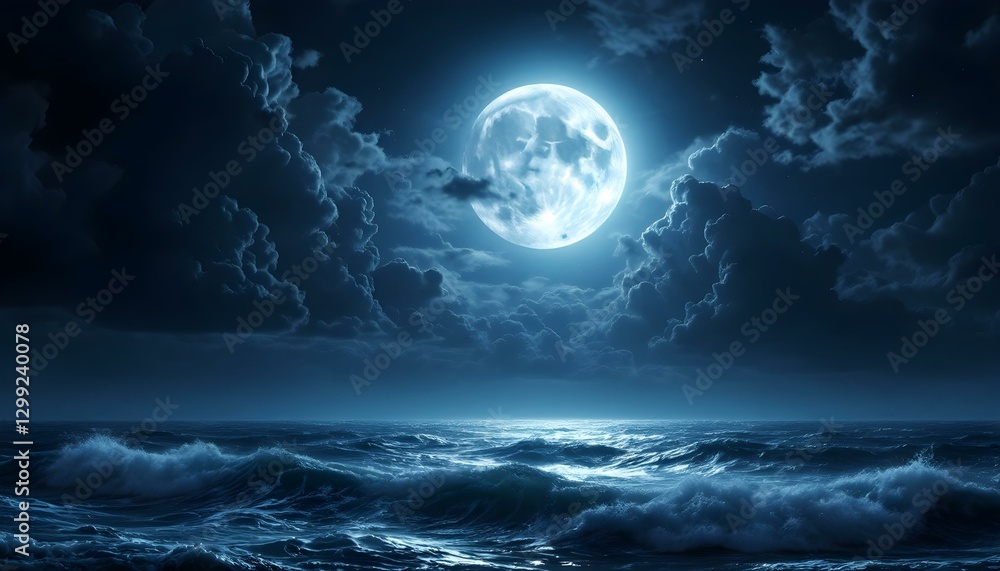 Full moon, stormy ocean at night, dramatic clouds, moonlit waves Full moon, stormy ocean at night, dramatic clouds, moonlit waves