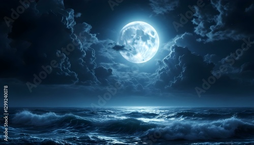 Full moon, stormy ocean at night, dramatic clouds, moonlit waves