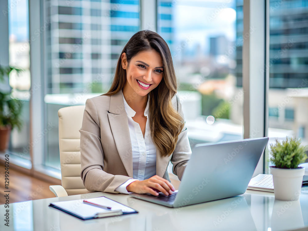 Successful businesswoman at workplace inside office working with documents, reports and contracts. Woman smiling happily, using laptop at work. Successful businesswoman at workplace inside office working with documents, reports and contracts. Woman smiling happily, using laptop at work.