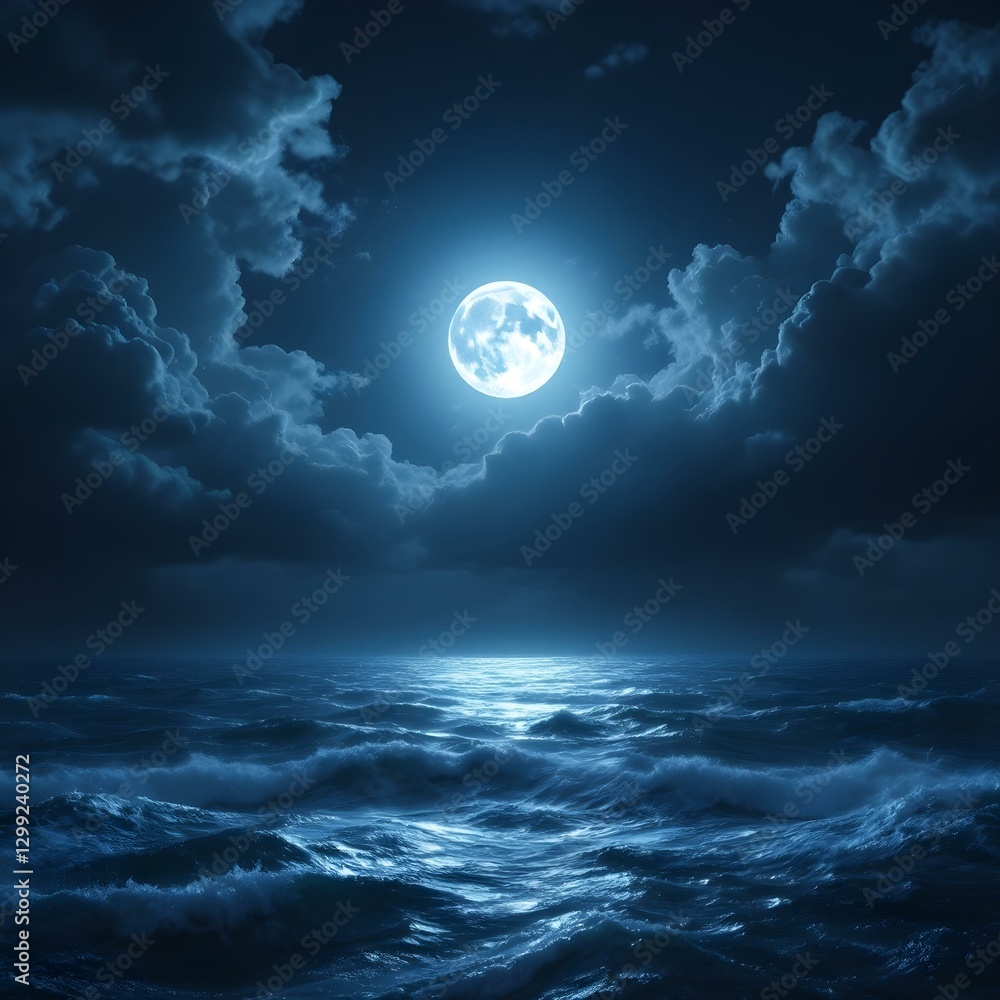 Obraz premium Full moon, stormy ocean at night, dramatic clouds, moonlit waves