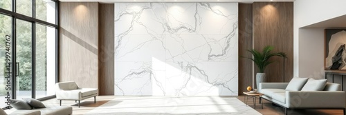 Viscount white natural granite slab used as a statement wall feature in a modern living room, textured surface, geometric pattern