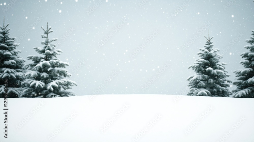 Serene winter wonderland with snow-covered pine trees and falling snowflakes Serene winter wonderland with snow-covered pine trees and falling snowflakes