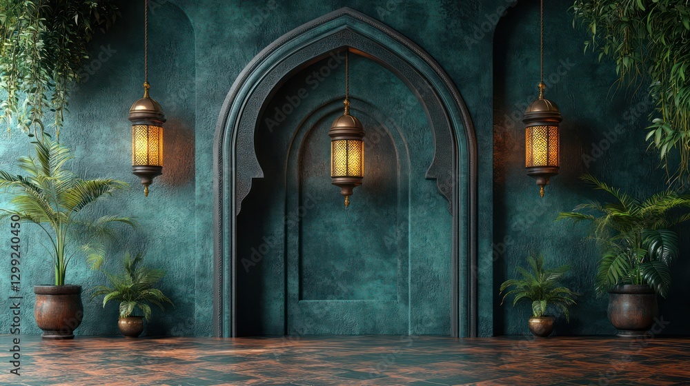 Obraz premium Serene Teal Moorish Interior with Ornate Lanterns