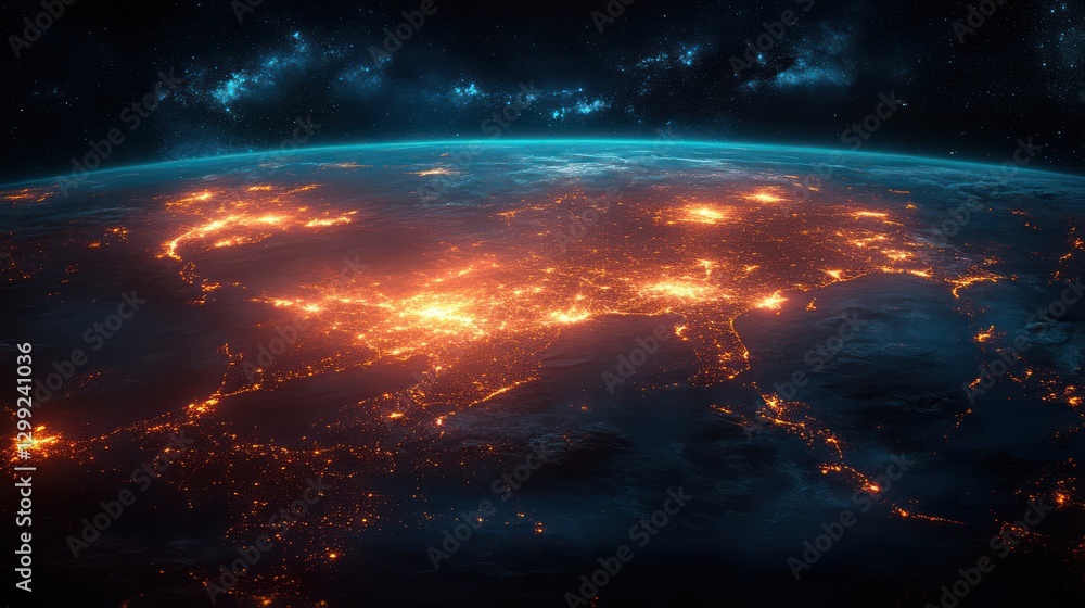 Fototapeta premium Earth's Glowing Metropolis: A Nighttime View from Space