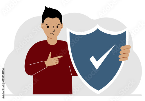 A man holds a shield in his hand, a symbol of insurance. Vector flat illustration