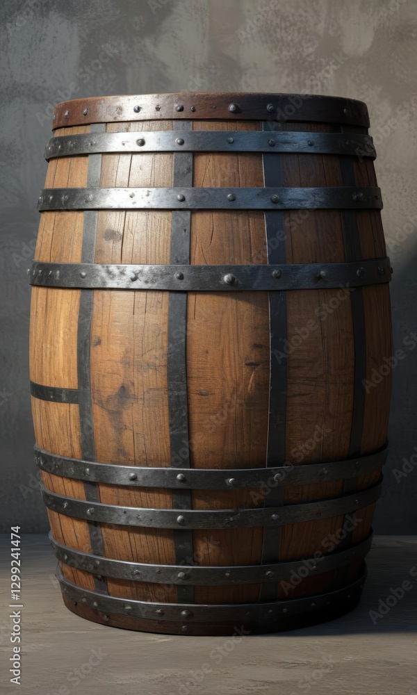 Obraz premium Weathered wooden cask with vintage metal bands, barrel-making, vineyard, retro, rustic