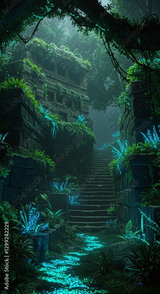 Fototapeta premium Mystical Jungle Ruins with Glowing Plants. Atmospheric Scene. Discovery, Mystery Concept. Website Background, Poster, Design.