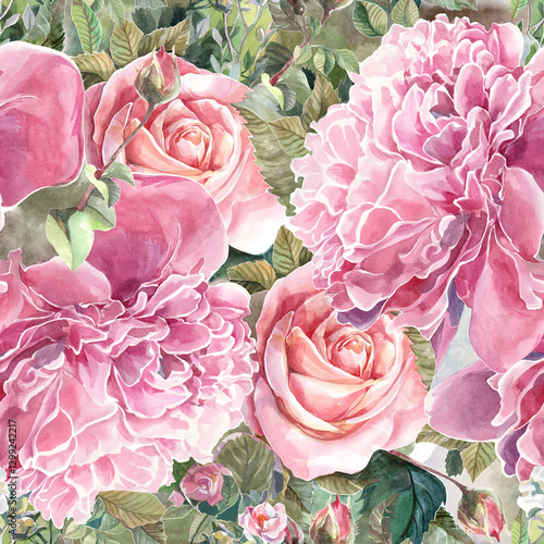 Wallpaper Mural seamless pattern with peony and rose flowers watercolor on paper Torontodigital.ca